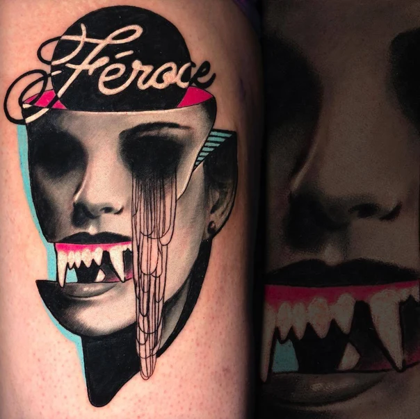 Illustrative Face, Teeth tattoo on Thigh
