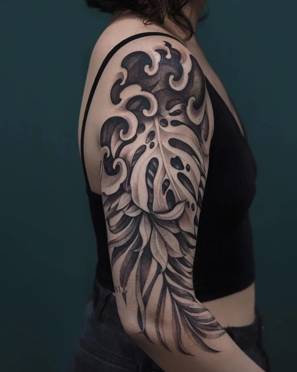 Blackwork Leaf, Wave tattoo on Full Sleeve