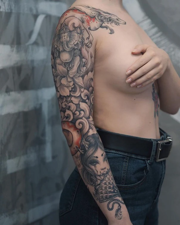 Black & Grey Ganesha, Dragon tattoo on Full Sleeve
