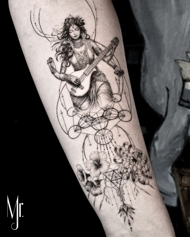 Black & Grey Figure, Flowers tattoo on Forearm