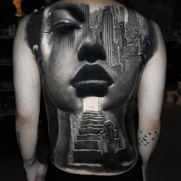 Realism Face, Cityscape tattoo on Full Back
