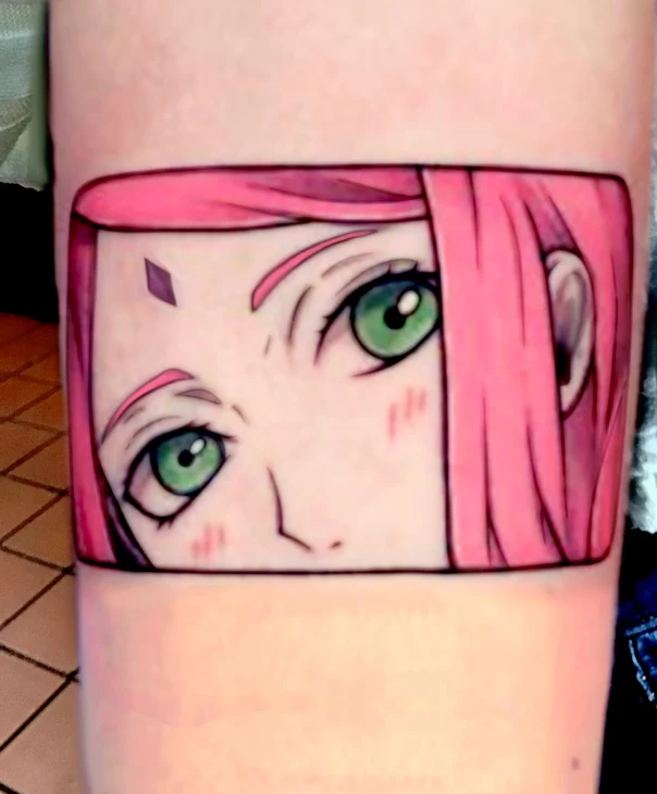 Anime Face, Pink hair tattoo on Forearm