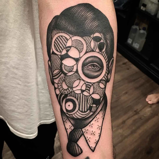 Blackwork Portrait, Geometric shapes tattoo on Forearm