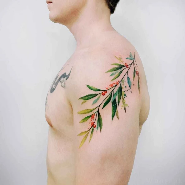 Watercolor Leaves, Berries tattoo on Shoulder
