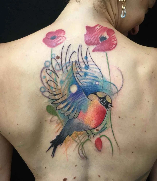 Illustrative Bird, Flowers tattoo on Upper Back