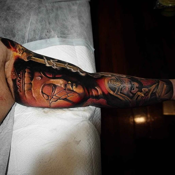 Biomechanical Skull, Clock tattoo on Full Sleeve