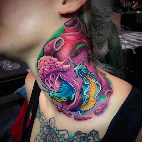 Illustrative Heart, Sea creature tattoo on Neck