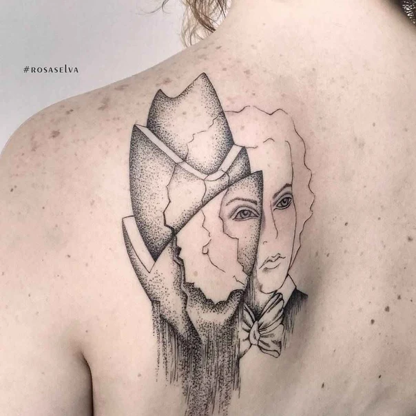 Surrealism Face, Abstract tattoo on Shoulder Blade
