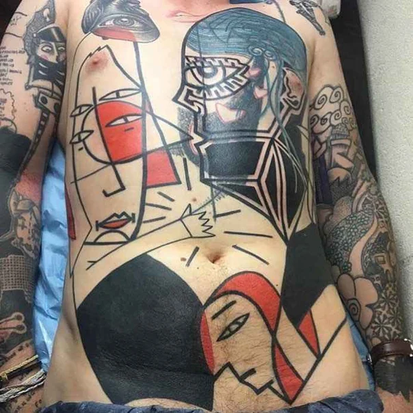 Abstract Faces, Geometric tattoo on Chest