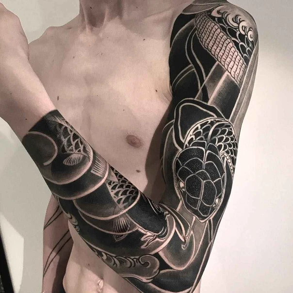 Blackwork Fish, Waves tattoo on Full Sleeve