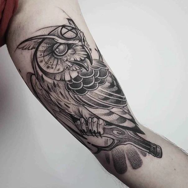 Blackwork Owl, Ornamental tattoo on Forearm