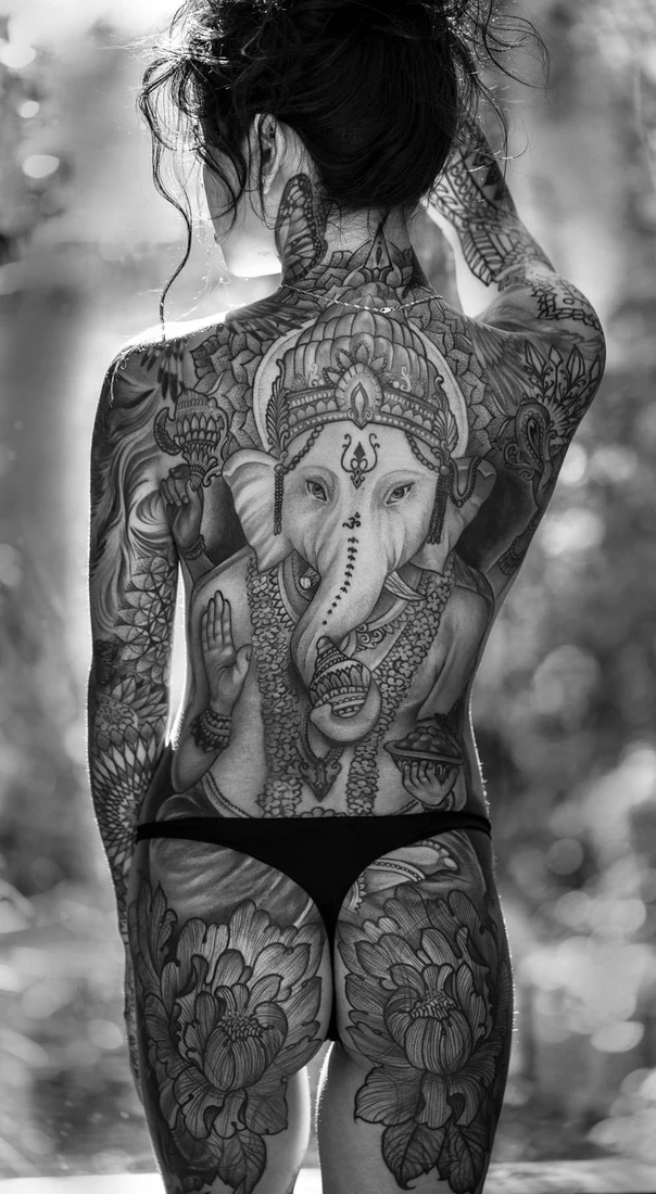 Black & Grey Ganesha, Floral tattoo on Full Back