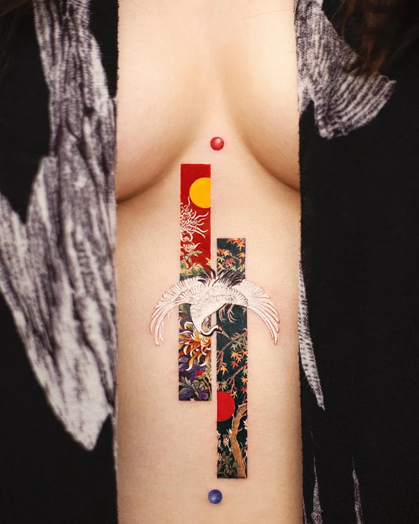 Japanese Crane, Floral tattoo on Sternum