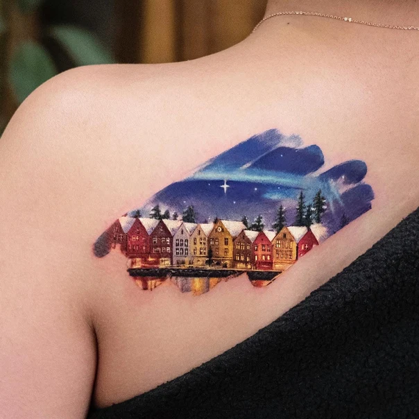 Illustrative Landscape, Buildings tattoo on Shoulder Blade