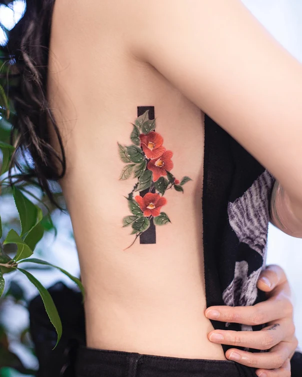 Botanic Flowers, Leaves tattoo on Ribcage