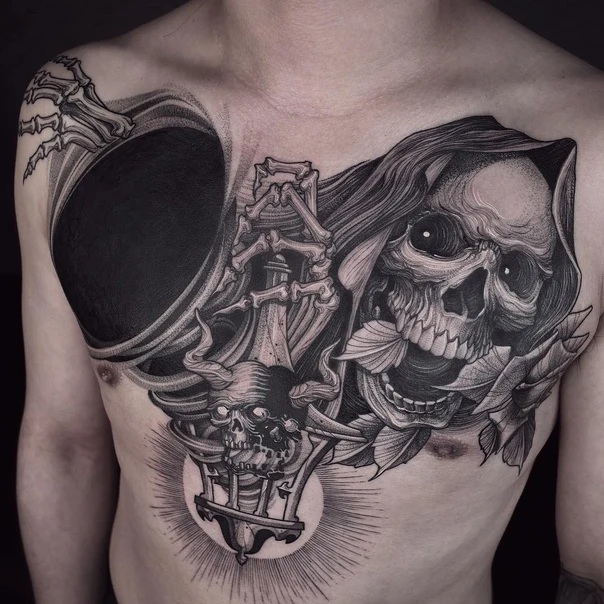 Blackwork Skull, Skeleton tattoo on Chest