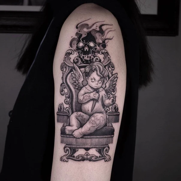 Black & Grey Cherub, Skull tattoo on Upper Arm