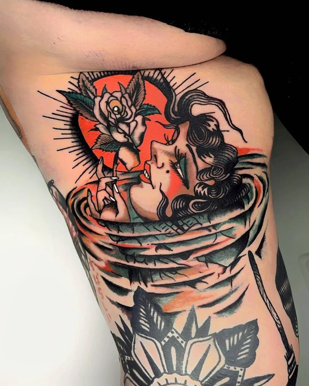 Traditional Rose, Woman tattoo on Thigh