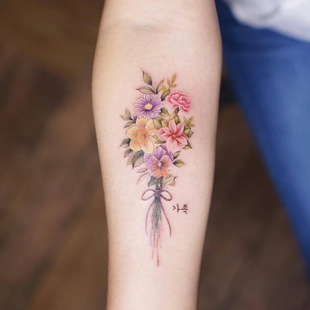 Botanic Flowers, Bouquet tattoo on Forearm