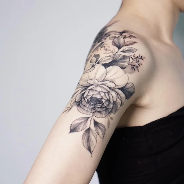 Black & Grey Flower, Leaves tattoo on Shoulder