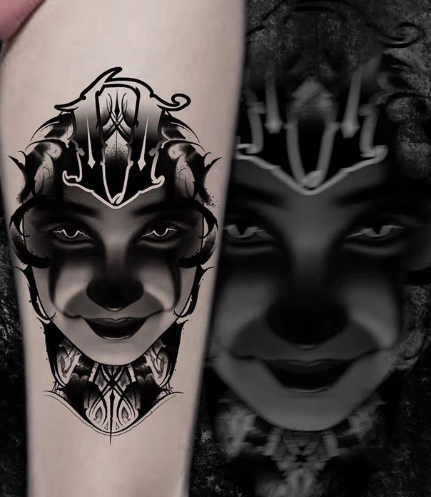 Blackwork Face, Ornamental tattoo on Forearm