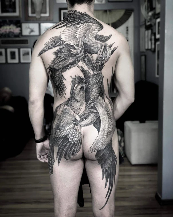 Realism Birds, Wings tattoo on Full Back