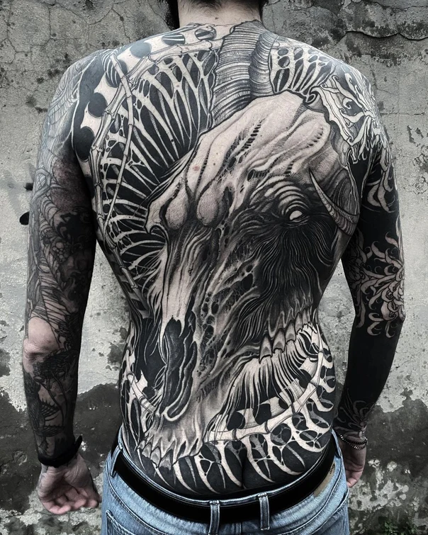 Blackwork Skull, Skeleton tattoo on Full Back