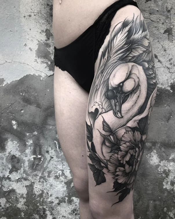 Blackwork Swan, Flower tattoo on Thigh