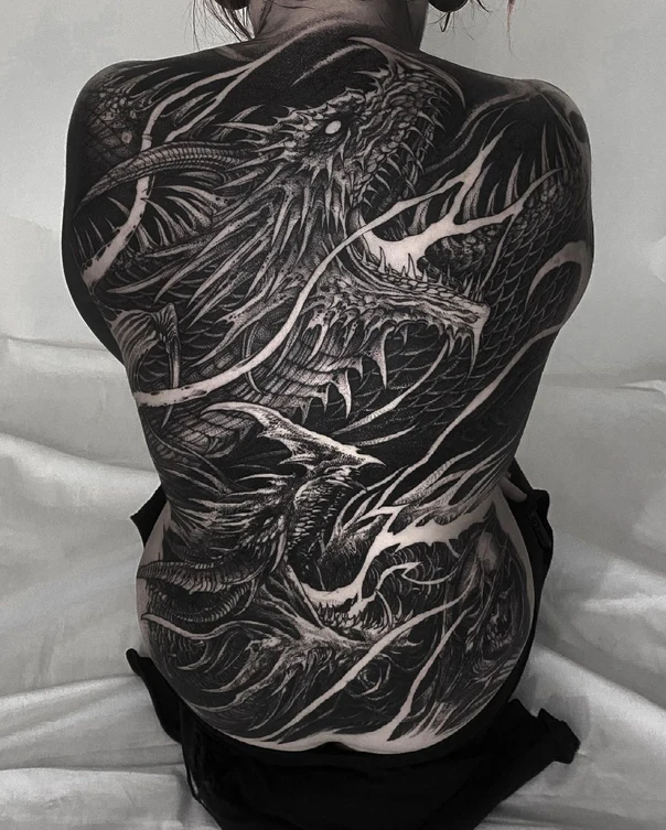 Blackwork Dragon tattoo on Full Back