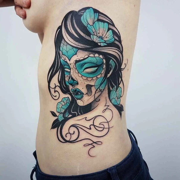 Neo Traditional Sugar skull, Flowers tattoo on Ribcage