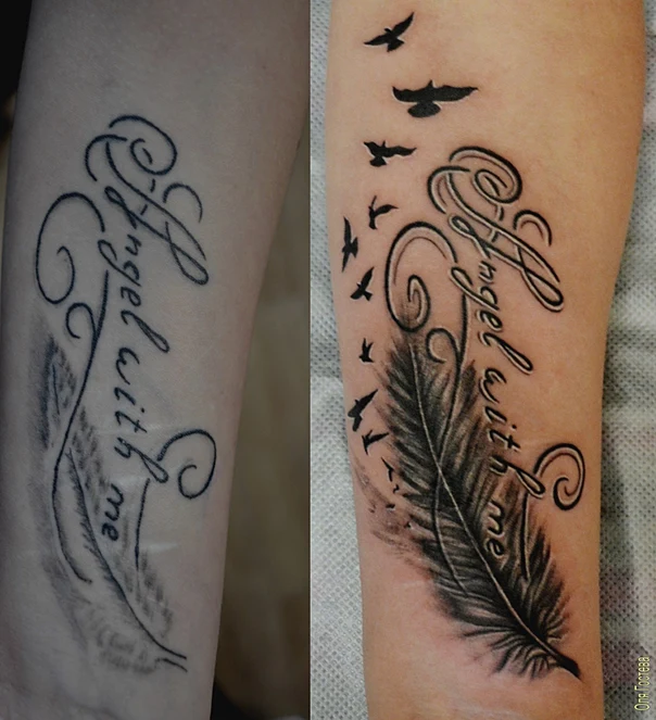 Calligraphy Feather, Birds tattoo on Forearm