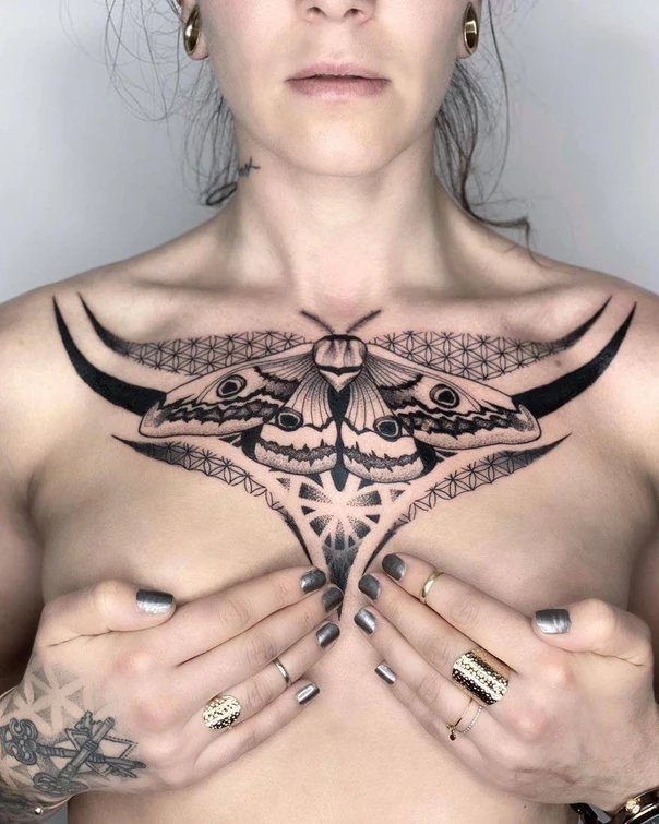 Blackwork Moth, Geometric tattoo on Chest
