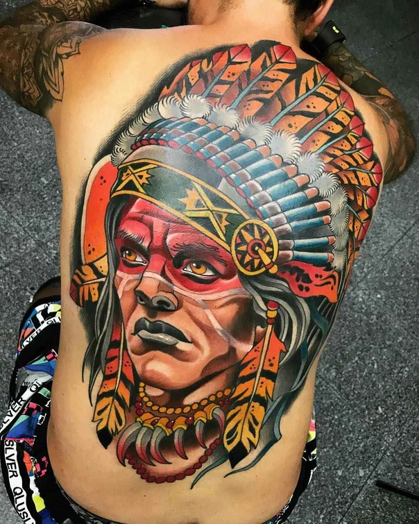 Neo Traditional Native american, Portrait tattoo on Full Back