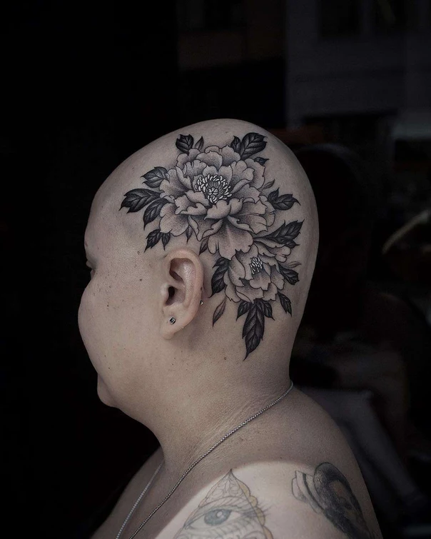 Black & Grey Flower, Leaves tattoo on Back of neck