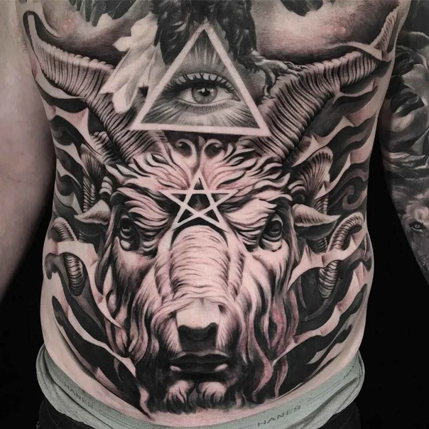 Black & Grey Goat, Eye tattoo on Stomach