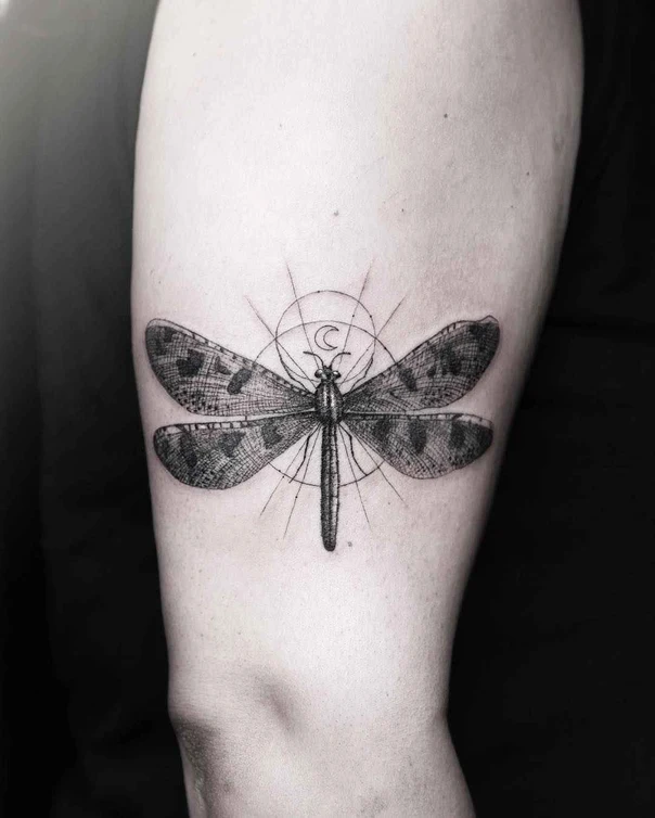 Blackwork Dragonfly, Geometric tattoo on Bicep