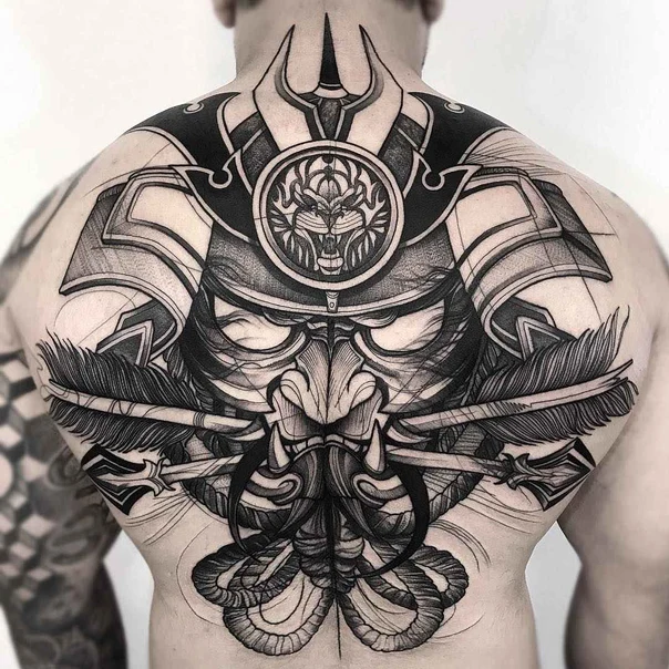 Blackwork Samurai, Feathers tattoo on Full Back