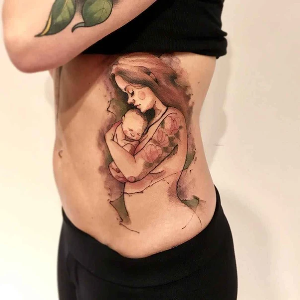 Watercolor Mother and child, Flowers tattoo on Side