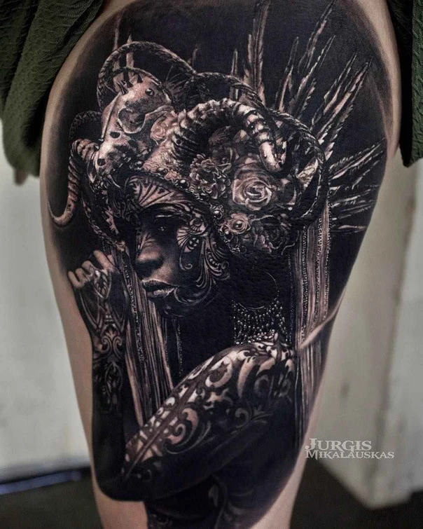 Blackwork Portrait, Ornamental tattoo on Thigh
