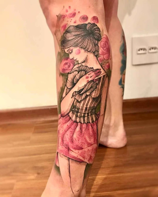 Illustrative Woman, Roses tattoo on Calf