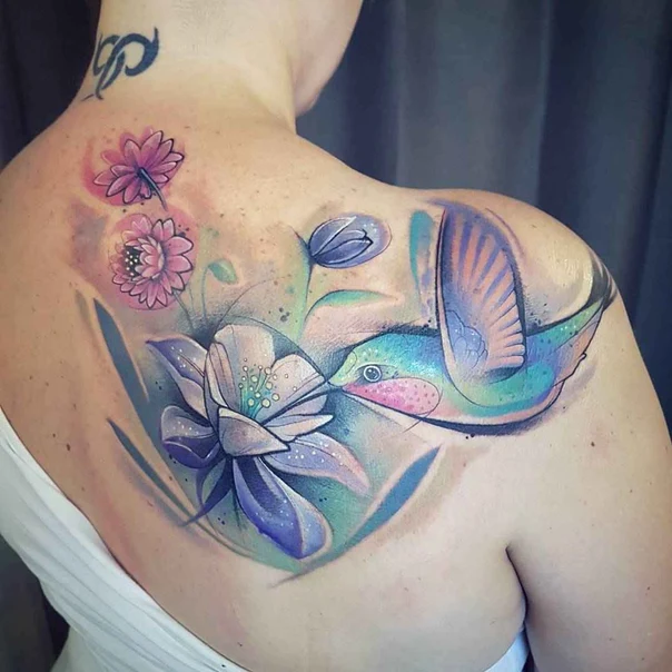 Watercolor Hummingbird, Flower tattoo on Shoulder Blade