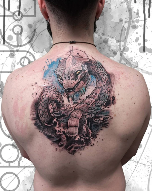 Illustrative Snake, Water tattoo on Upper Back