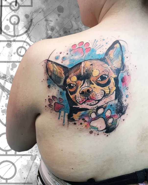 Watercolor Dog, Paw print tattoo on Shoulder Blade