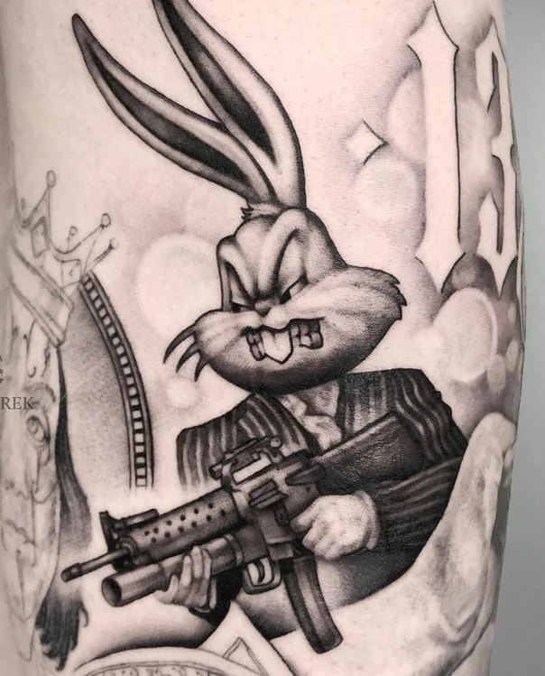 Chicano Bugs bunny, Gun tattoo on Forearm