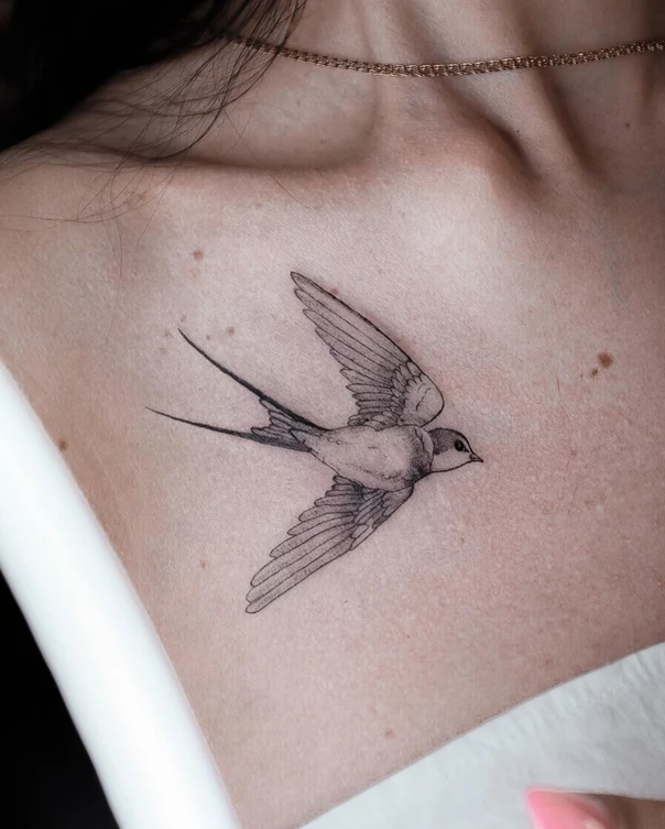 Fineline Bird tattoo on Collarbone