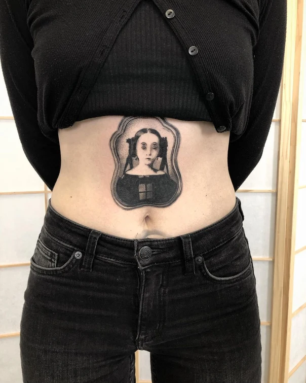 Blackwork Portrait, Frame tattoo on Stomach
