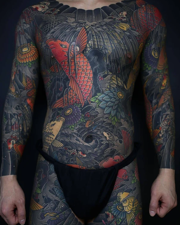 Japanese Koi fish, Flowers tattoo on Full body