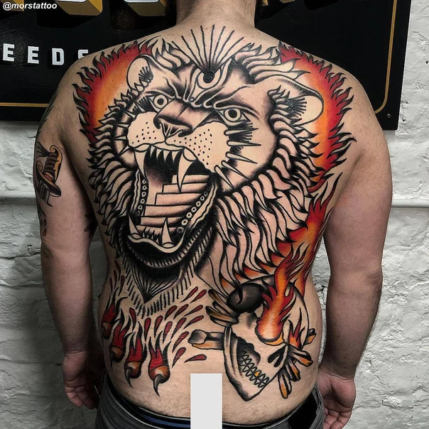 Traditional Lion, Skull tattoo on Full Back