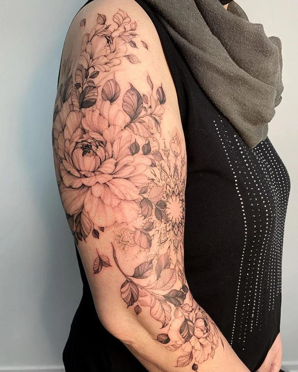 Botanic Flower, Leaf tattoo on Full Sleeve
