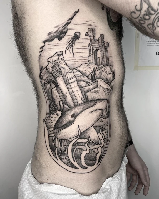 Black & Grey Shark, Ruins tattoo on Side